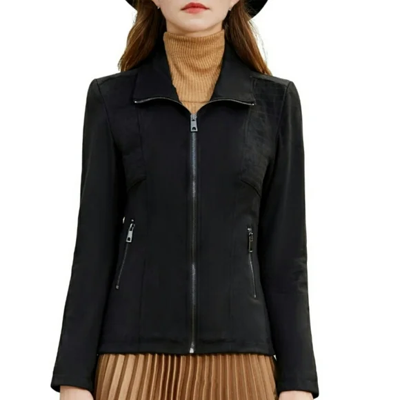 NEW SPYM Sleek Black Faux Suede Moto Stretchy Jacket Ribbed Sides & Sleeves - Picture 3 of 12